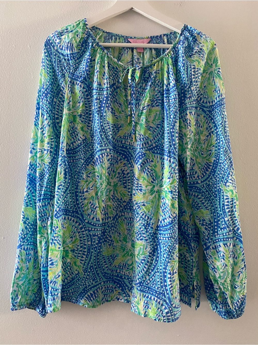 Lilly Pulitzer Blouse Women's Blue/Green/White Floral Tie-Neck Long Sleeve
